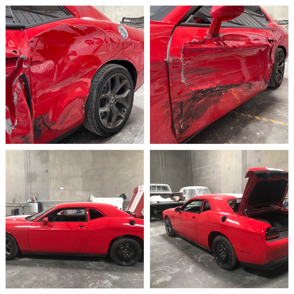 Red sports car damage assessment and repair documentation