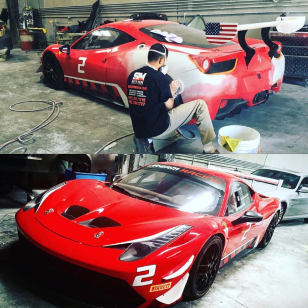 Ferrari race car restoration in shop